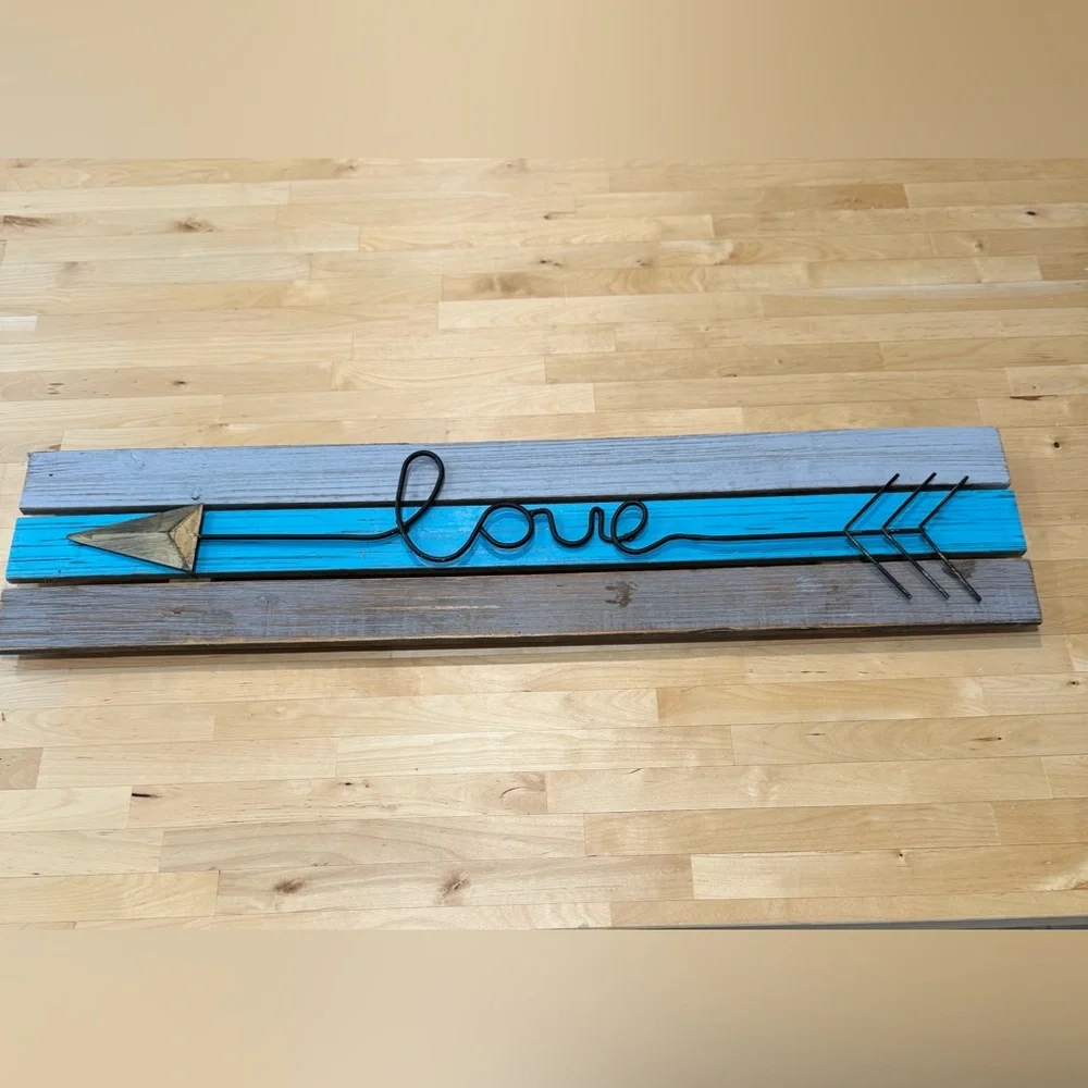 LOVE Sign in Distressed Wood Style with a Dark Aqua Detail. Blue Paint- 28x6.5”
